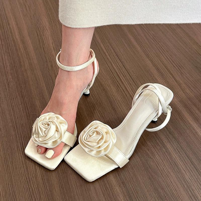 New Elegant Woman Sandals High Heeled Sweet Rose Closed Toe Footwear Summer Slingback Pointed Fashion Dress Ladies Shoes