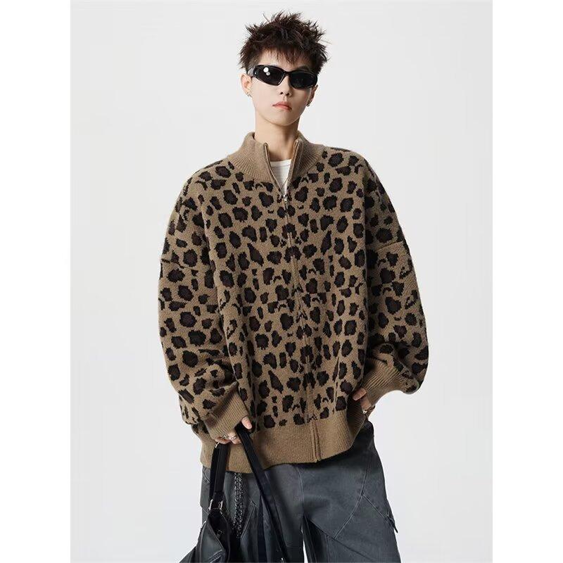 American trendy brand leopard print cardigan sweater men's cleanfit retro knitted sweater loose casual lazy couple coat