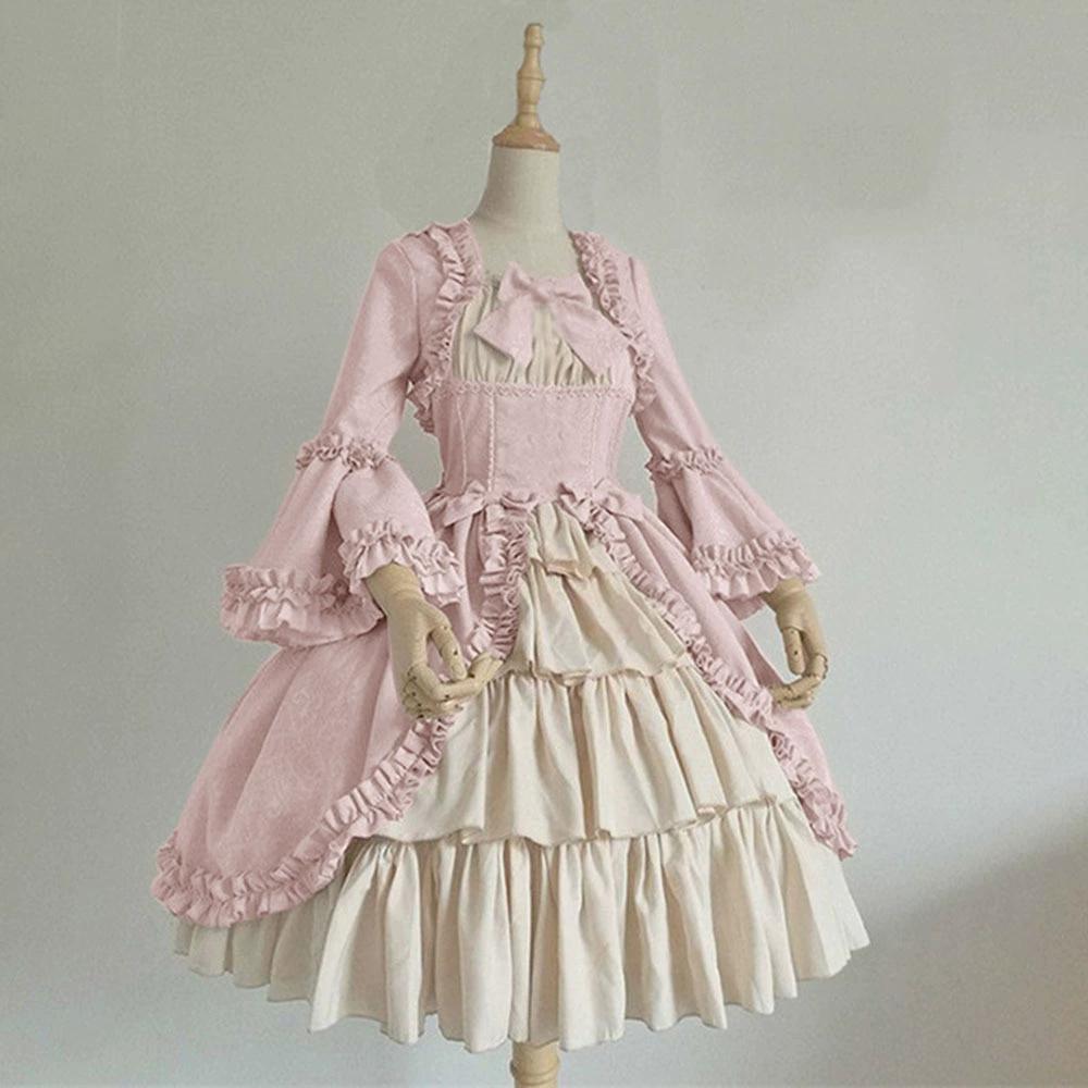 Medieval Retro Gothic Palace Dress Square Collar Waist Stitching Bow Dress Skirt