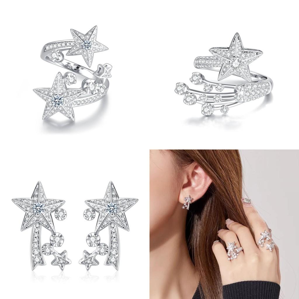Unique Copper Star Shaped Open Ring With Full Rhinestone Meteor Earrings For Fashion