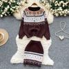 Autumn Winter Women Vintage Jacquard Knitted Sweater Two Piece Set Single Breasted Cardigans Tops and Mini Short Sheath Skirt Suit
