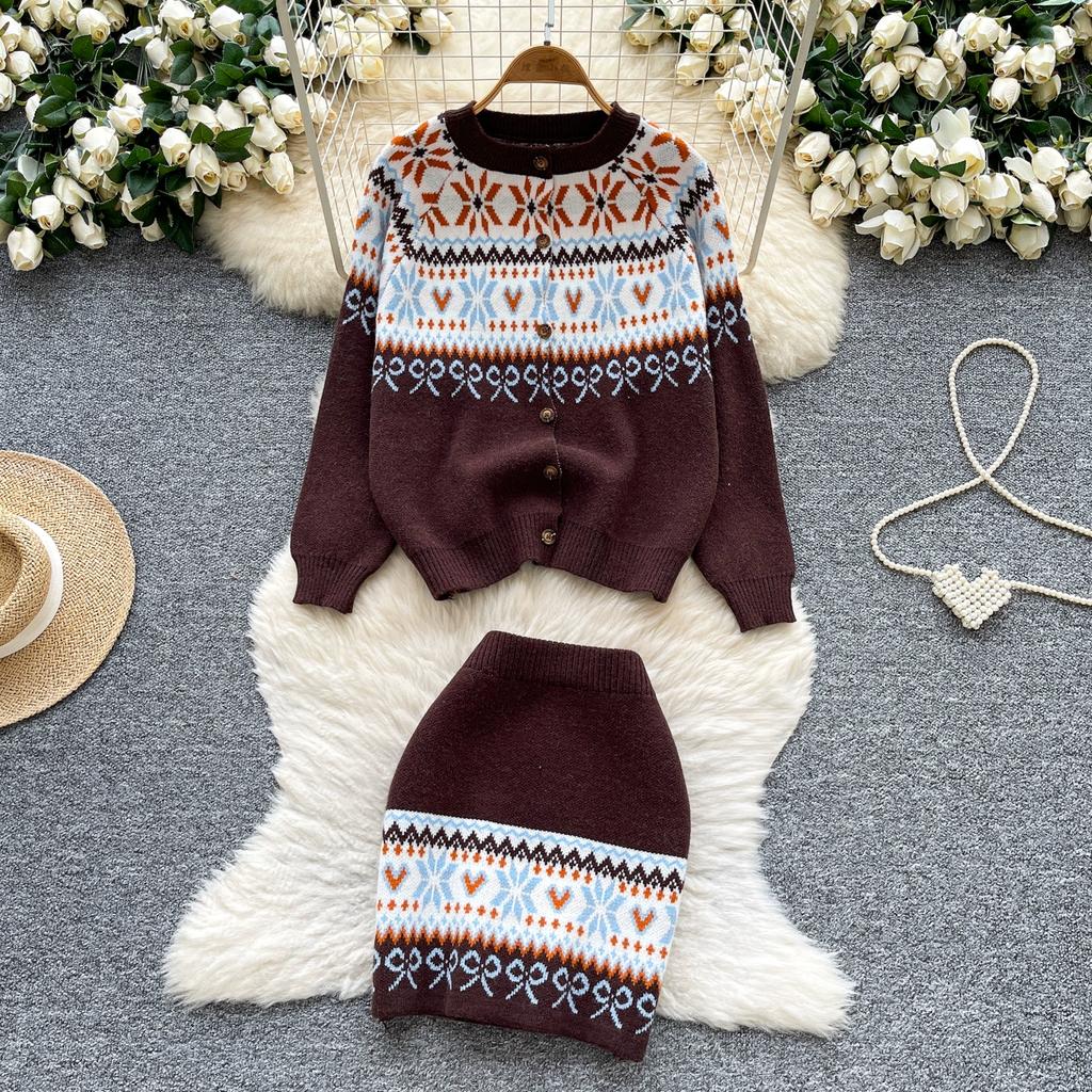 Autumn Winter Women Vintage Jacquard Knitted Sweater Two Piece Set Single Breasted Cardigans Tops and Mini Short Sheath Skirt Suit