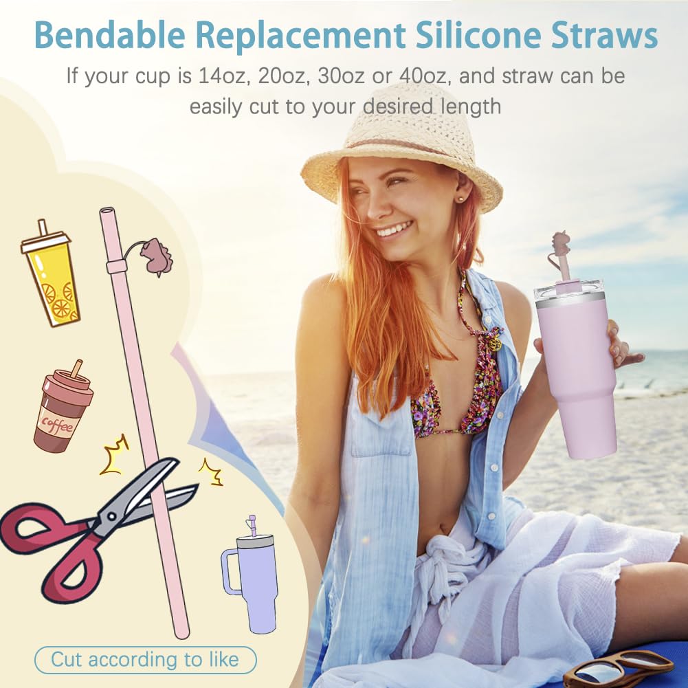 Replacement Long Silicone Straw With Straw Cover,Compatible with Stanley 40/30 oz Cup Tumbler,Cleaning Brush Stanley Accessories