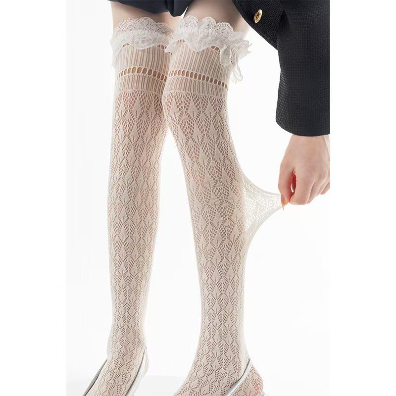 White Lace Flower Pattern Ruffled Calf Socks for Women - Ultra-Thin, Sexy, Sweet, Hollow, Long Boot Socks