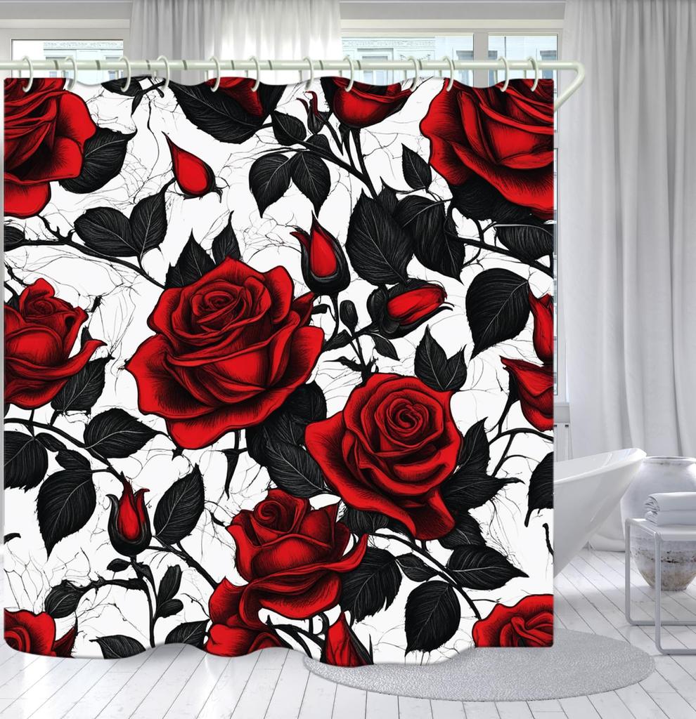 Red Rose Shower Curtain Botanical Floral Romantic Flower Valentine Girls Bathroom Curtain Decor Waterproof Fabric Include Hooks