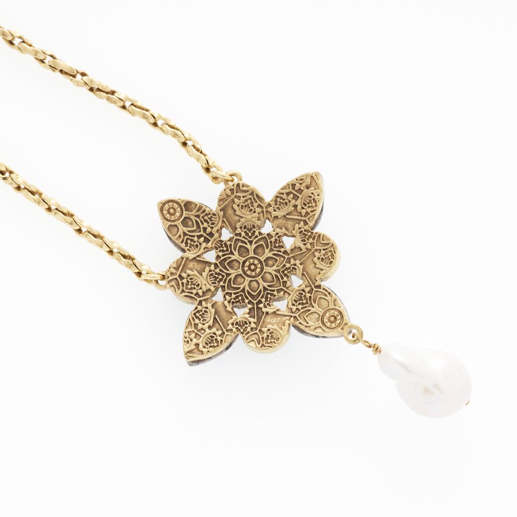 Natural Stone Flower Necklace Copper Alloy Plated Old Gold Temperament Niche Light Luxury High-End Earrings Women