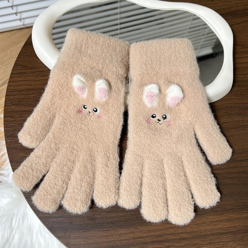 Daily Use Full Finger Embroidered Gloves Rabbit Pattern Winter Warm Gloves Outdoor Wear