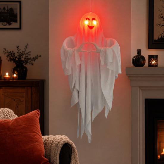 Halloween Ghost Pendant, Heart Hand Gesture Cloaked Ghost Messenger Statue, Luminous Eyes Light Up, Halloween Outdoor Lawn Ornament, Haunted House