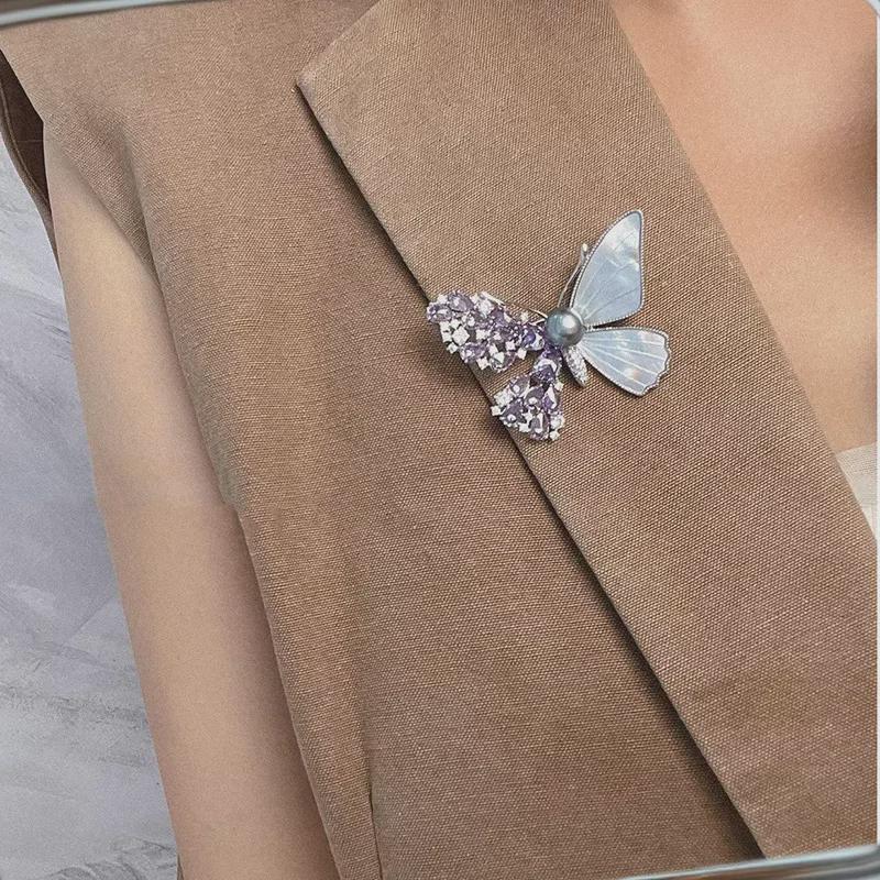 Luxury Purple Zircon Butterfly Brooch with Natural Seashell and Pearl, Gold-Plated Copper Pin for Women