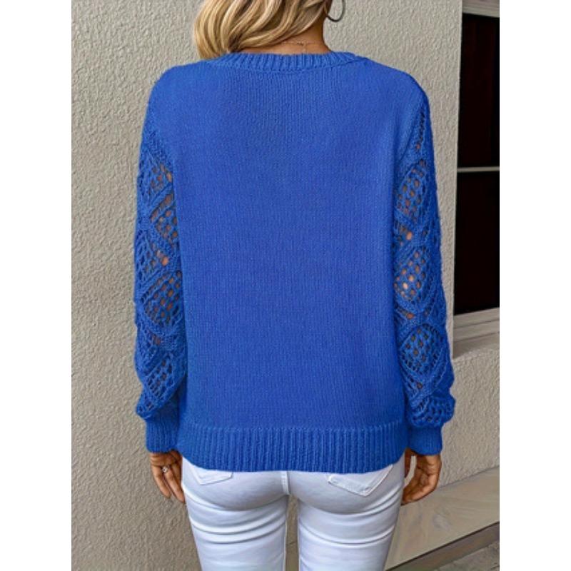 Women V Neck Long Sleeve Knit Sweater With Hollow Out Sleeves Casual Pullover