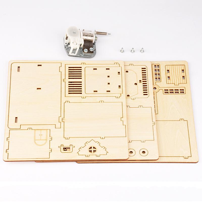 Children's Creative DIY Model Wooden Puzzle 3D Puzzle Board Big Windmill Clockwork Sound Pen Holder, Music Box 117mm * 117mm * 75mm
