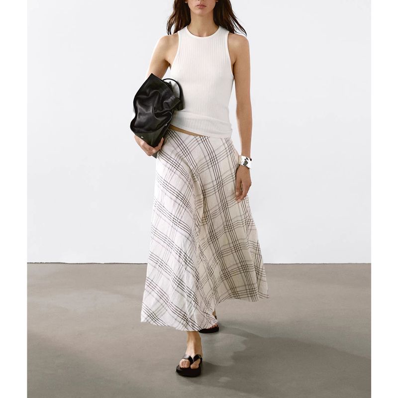 MD Summer Women's French Style Artsy Romantic Gentle Draping Effect Plaid Mid Length Long Length Skirt 5238595