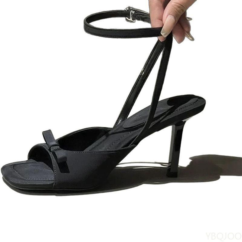 Summer new style elegant slim heel bow sandals fashionable square toe with high heels for women's outdoor wear