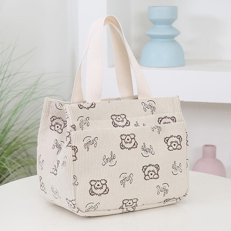 Cute Cartoon Printed Corduroy Versatile Handbag Office Worker Lunch Bento Tote Bag