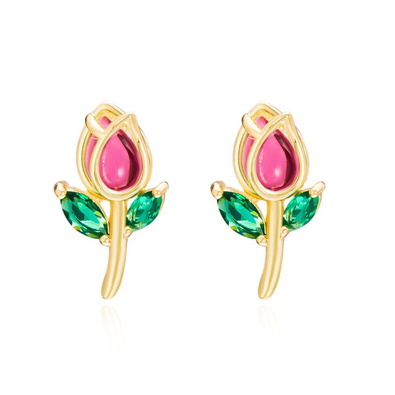 Romantic Tulip Flower Stud Earrings For Women Copper Glass Spring Jewelry
