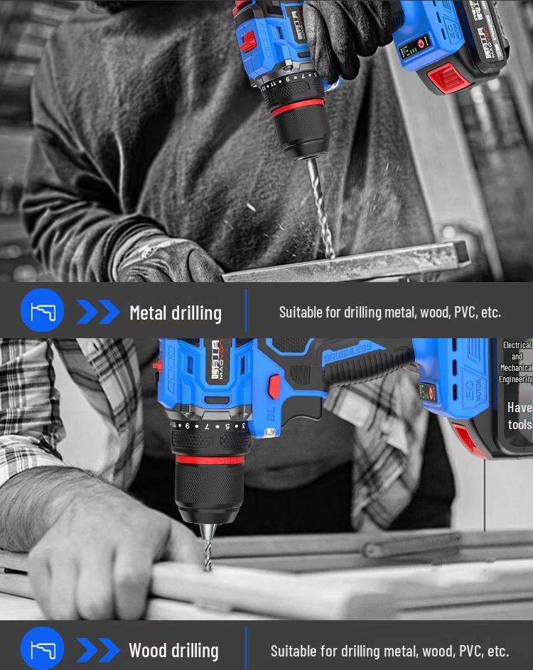 Compact Rechargeable Brushless Motor Drill: Multi-Function Impact Tool for Home Use