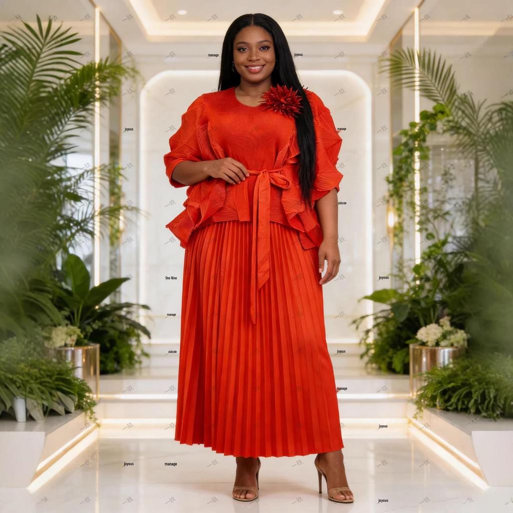 Miyaki Plus Size Lace-up Two-piece Pleated Women's Set