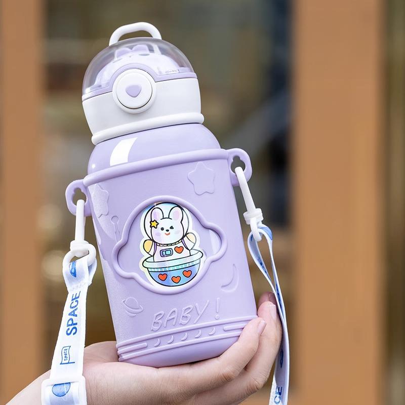Children' Cartoon Straw Water Thermos Bottle Portable Sealed LeakProof Keep Warm Mug Stainless Steel Kids' Outdoor Thermal Cups