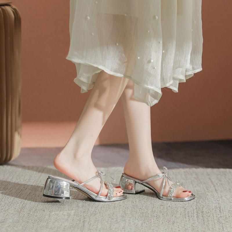 Fashion Elegant Silver Sandals for Women Summer Crystal High-heeled Shoes 2025 French Bow Sandals Open Toes Thick Heels Slippers