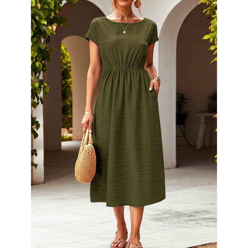 European and American Casual Ice Silk Crinkled Round Neck Short Sleeve Solid Color Long Dress Medium