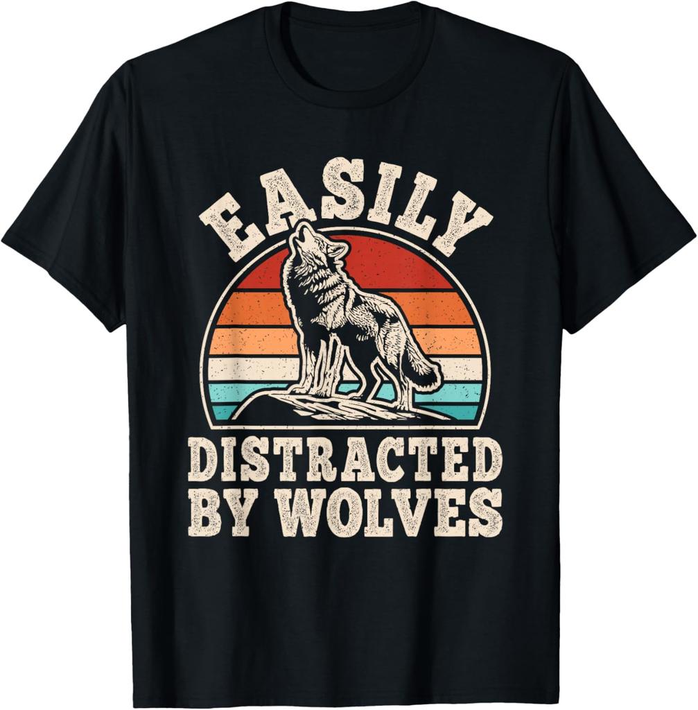 Easily Distracted By Wolves Retro Graphic T-Shirt Vintage Sunset Wolf Howling Print Casual Cotton Tee