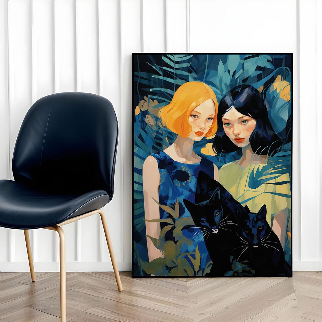 Plakat ilustracja dziewczyny koty