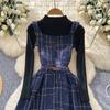 Fall Winter Women Sweater Dress Set Casual Knitted Pullover Tops + Plaid Tweed Dress 2 Piece Outfits Female With Belt