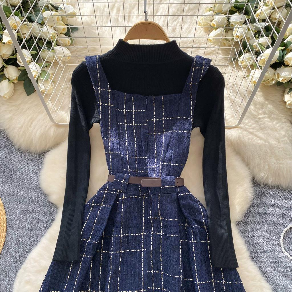 Fall Winter Women Sweater Dress Set Casual Knitted Pullover Tops + Plaid Tweed Dress 2 Piece Outfits Female With Belt