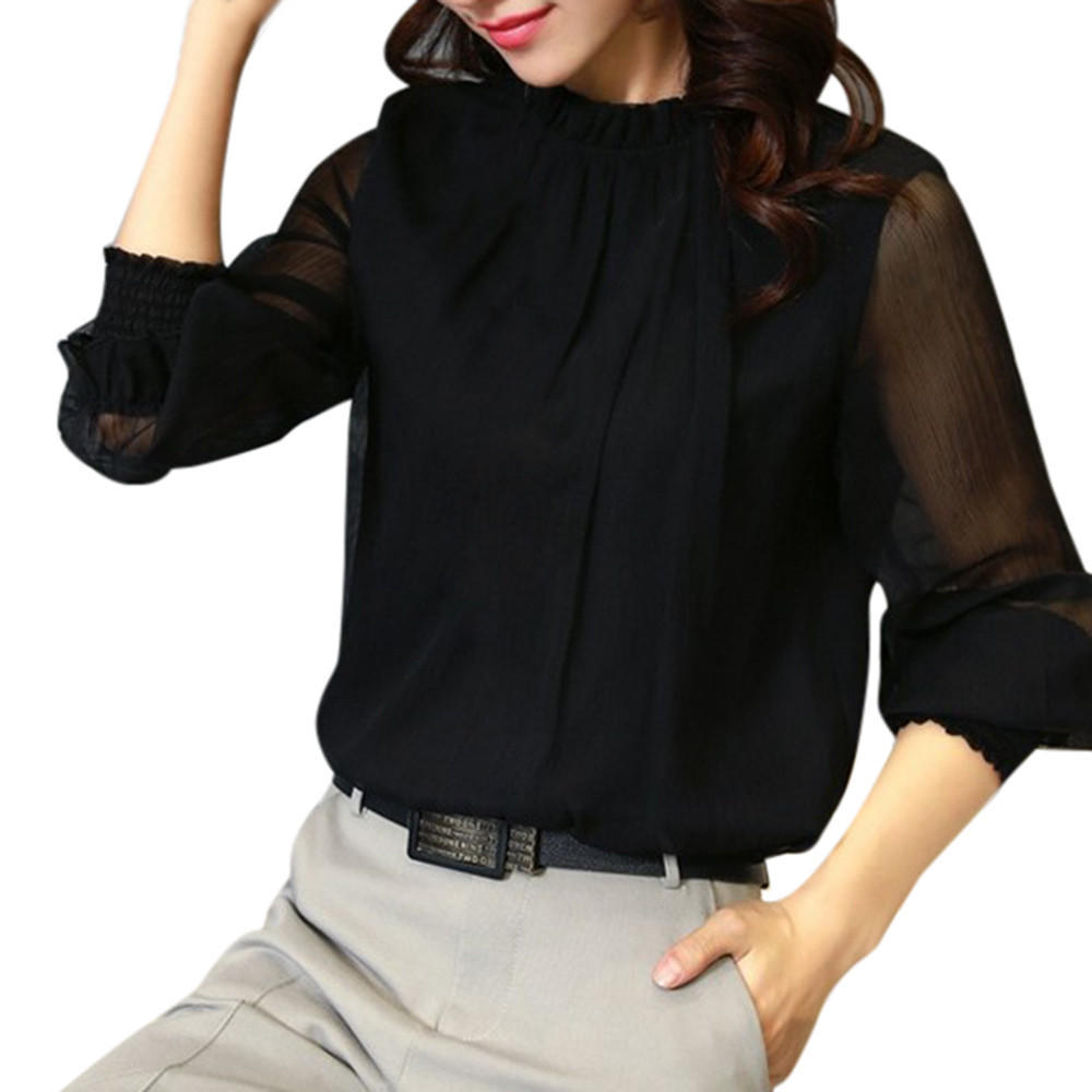 Buy Women Chiffon Elegant Loose Ruffles Long Sleeve Blouse Casual Tops ...