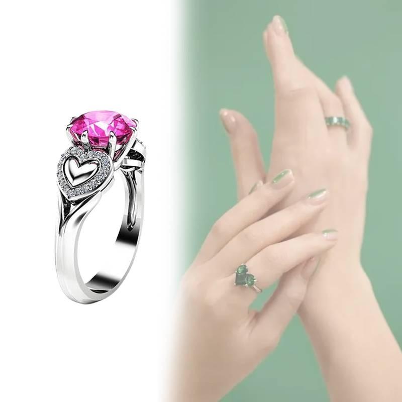 Elegant Trendy Pink Heart Crystal Ring Featuring Rhinestone Accents In Silver And Platinum Finish