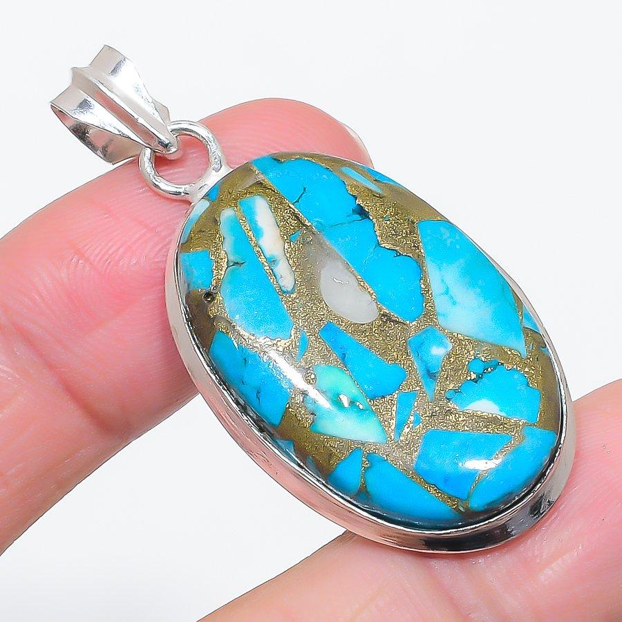 Natural Copper Blue Turquoise 925 Sterling Silver Jewelry Pendant 1.97" G2Y46