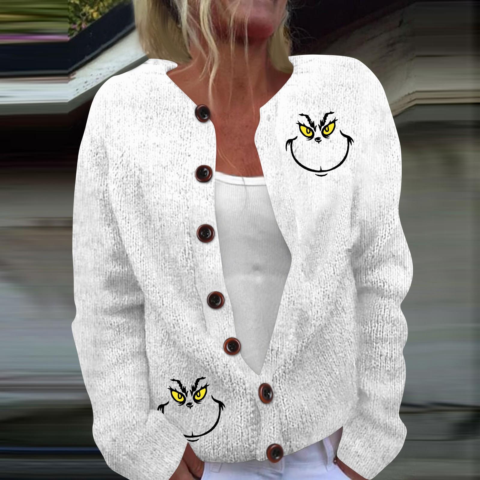 

Women s Fashion Christmas Printed Long Sleeve Knitted Cardigan Button Down Jacket XXXXL білий