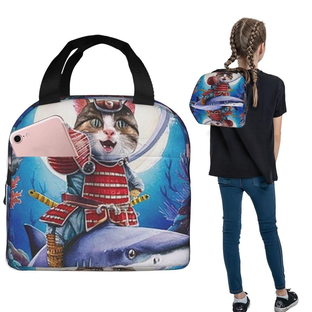 Cat Riding Catana Shark Insulated Lunch Bag for Women Kids Portable Food Boxes Thermal Lunch Box Tote
