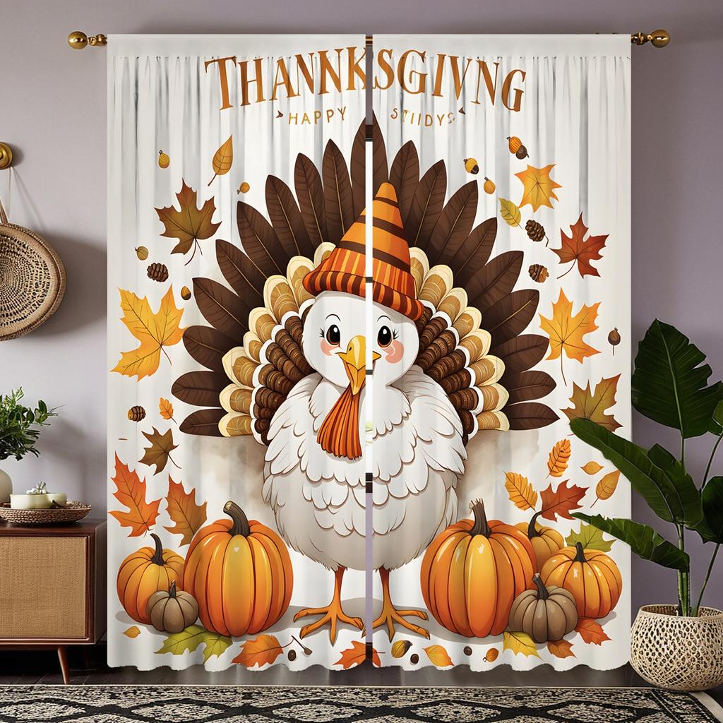 2pcs HD Thanksgiving pumpkin Turkey curtain Green white tie digital printed curtain Home Decor style Decorate living room bed