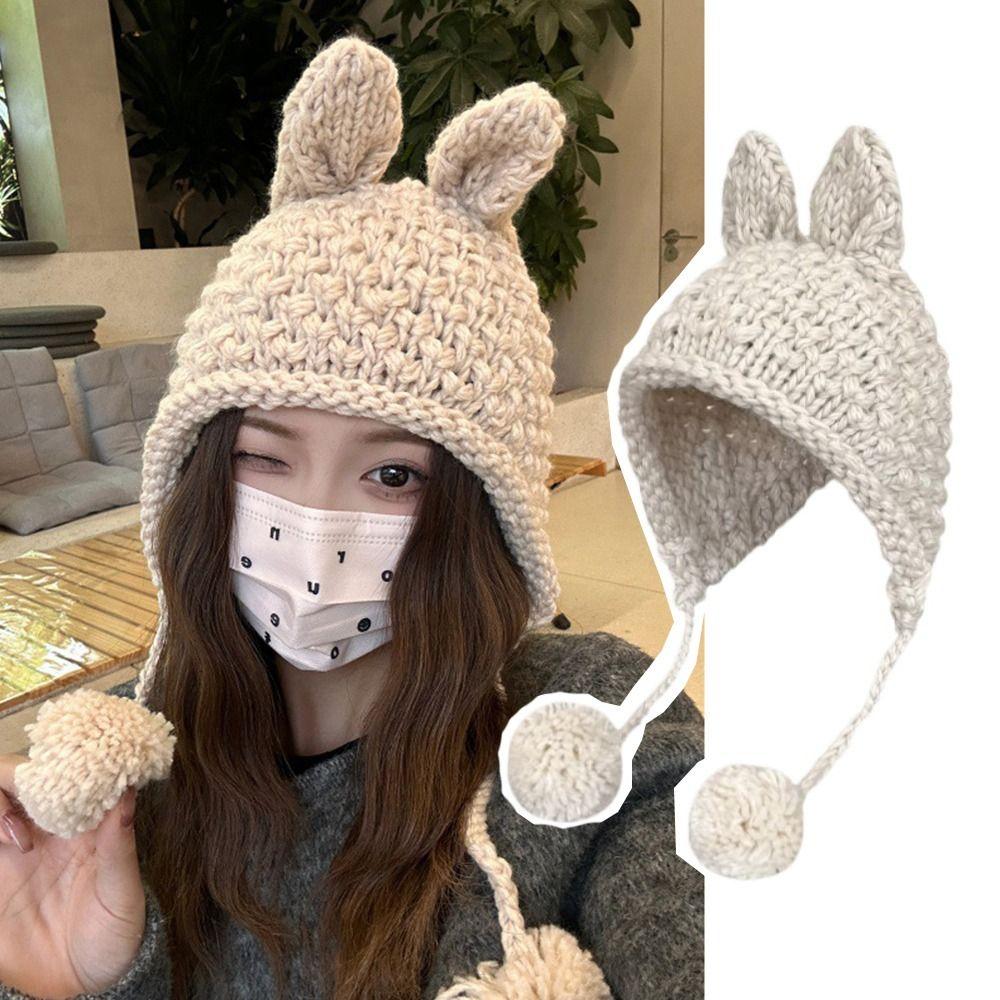 Hand-crocheted Rabbit Ear Knit Hat Korean Ear Protection Hat Fashion Y2k Knitted Hat  Girls