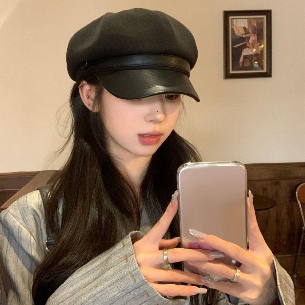 Casual Solid Color Octagonal Cap Windproof Warm Newsboy Hat Adjustable Beret