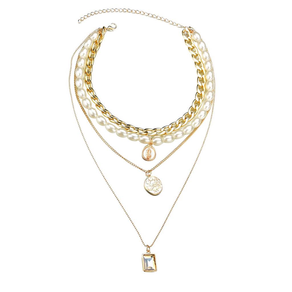 Women Dainty Layered Choker Necklace Pearl Pendant  Punk Necklaces Set