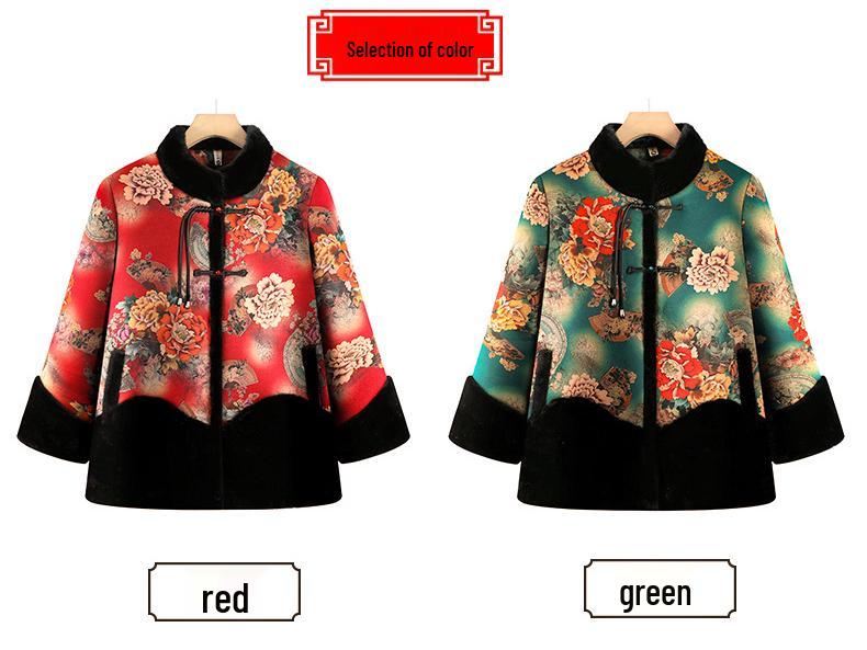 Stylish Winter Coat for Middle-aged and Elderly Women with Velvet Lining - Loose Fit, New Chinese Style