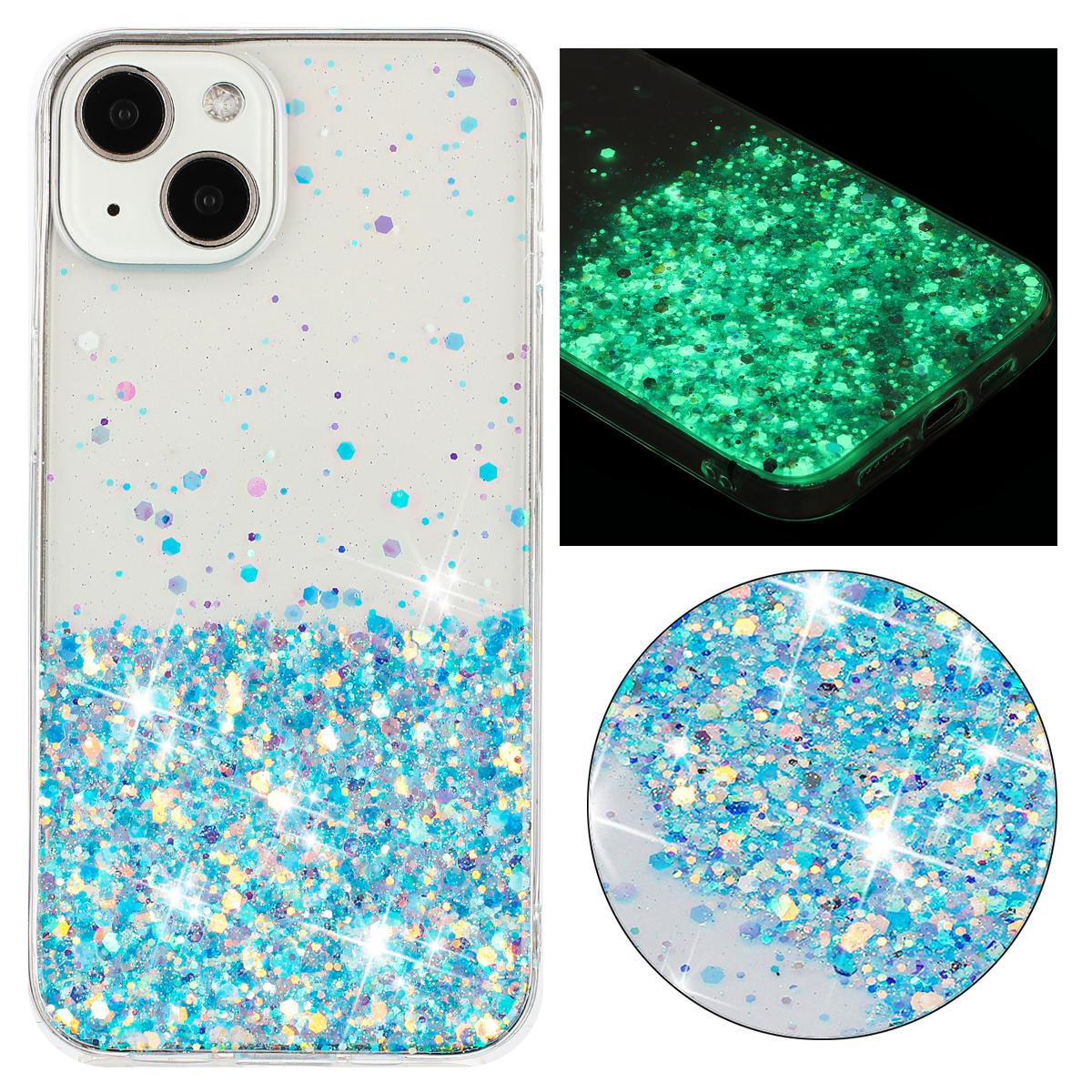 

For iPhone 13 6.1 inch Cell Phone Cases Epoxy TPU Glitter Sparkle Luminous Phone Cover Blue