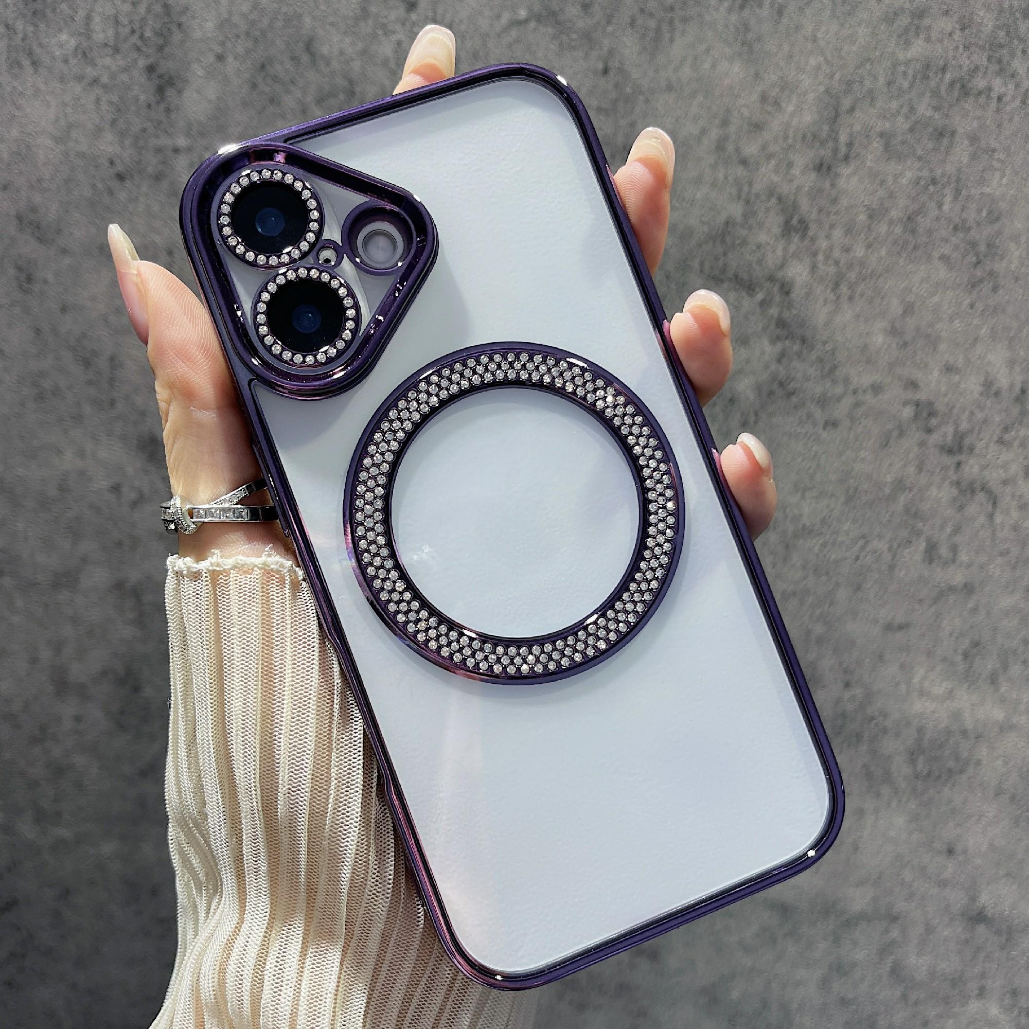 

For iPhone 16 Plus Magnetic Case Bling Rhinestone Clear TPU+PC Phone Cover Purple
