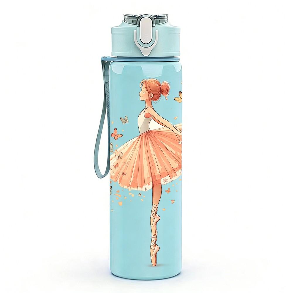 1PC Delicate Pink Ballerina Dancer Print 750ml Color Plastic Sports Water Bottle Leakproof Flip Straw Lid Suitable for Sports Office Home Use