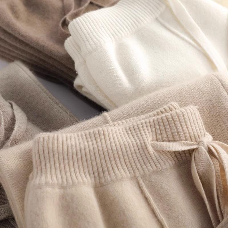 Mode Automne Hiver Taille Haute Cordon de Serrage Pantalon Femme Laine Fine Automne et Hiver Tricoté Droit Décontracté Pantalon Long Élégant Pantalon Ample 2367