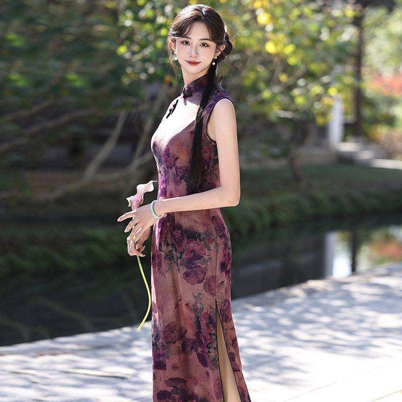 Purple sleeveless national style new Chinese daily Suzhou long cheongsam improved young 1011 new women's high sense