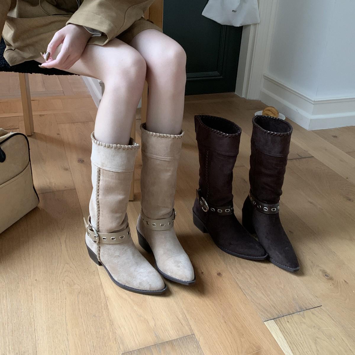 

2025 new round head thick heel belt buckle straight riding boots thin fashion western button high knight boots 39 хаки