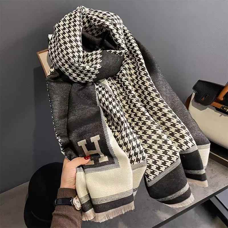 Autumn and Winter Letter H Warm Scarf, Thousand-bird Pattern Color-blocked Faux Cashmere Air-conditioned Shawl, Ladies' Scarf