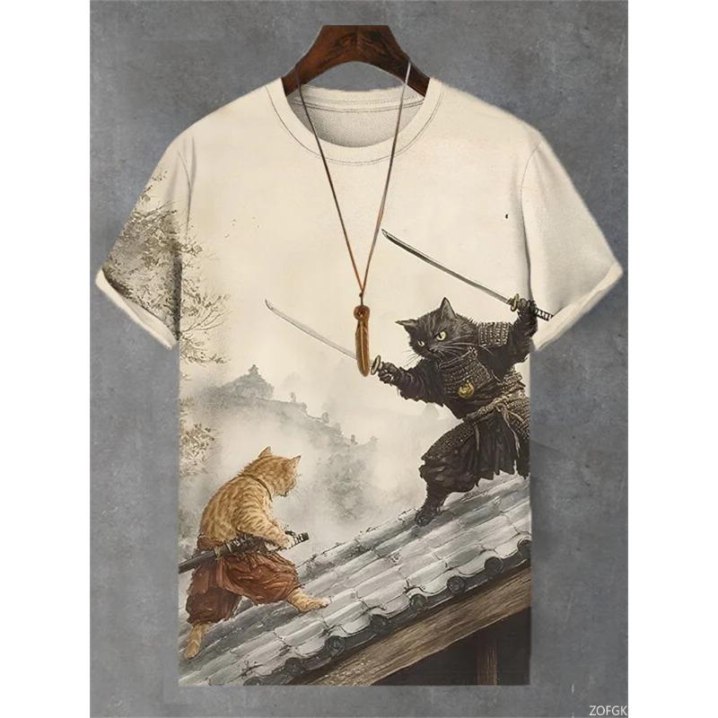 3D Printed 2025 New Men's T-shirt Cartoon Warrior Cat Art Short Sleeved Round Neck T-shirt Casual Street Top