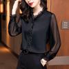 Elegant Women Chiffon Shirt Korean Blouse Office Lace Mesh Long Sleeve Ruffles V NeckTops Casual Vintage Pullovers Blusas