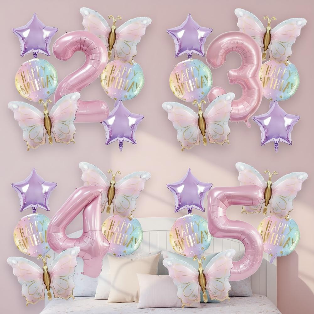 7 Pcs Pink Butterfly Balloon Set Shower Anniversary Decoration Foil Number Balloon 32 Inch Birthday Party Wedding Balloons Gift