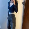 Fake two-piece contrasting color slim-fitting short top women's autumn retro splicing inner bottoming shirt long-sleeved shirt