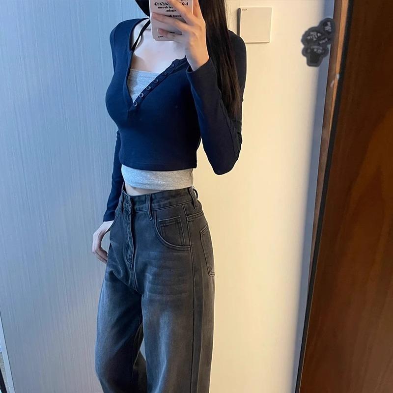 Fake two-piece contrasting color slim-fitting short top women's autumn retro splicing inner bottoming shirt long-sleeved shirt